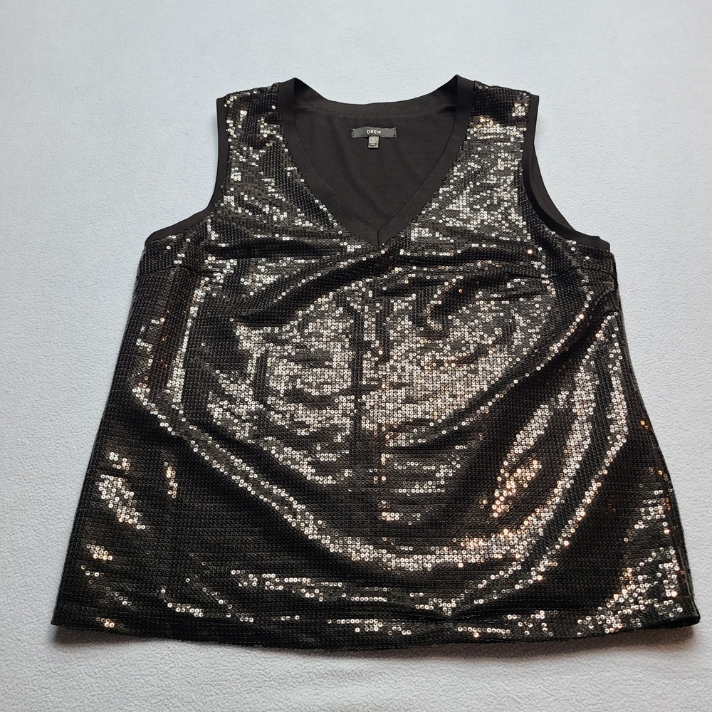 Drew Sequin Tank Top Womens Small Black Excellent V-Neck Sleeveless Blouse